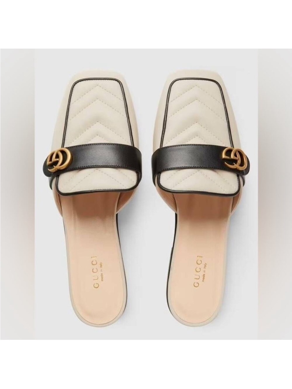 GUCCI Marmont GG 37.5 Cream Leather Slide Loafers with Black Strap and Gold Logo